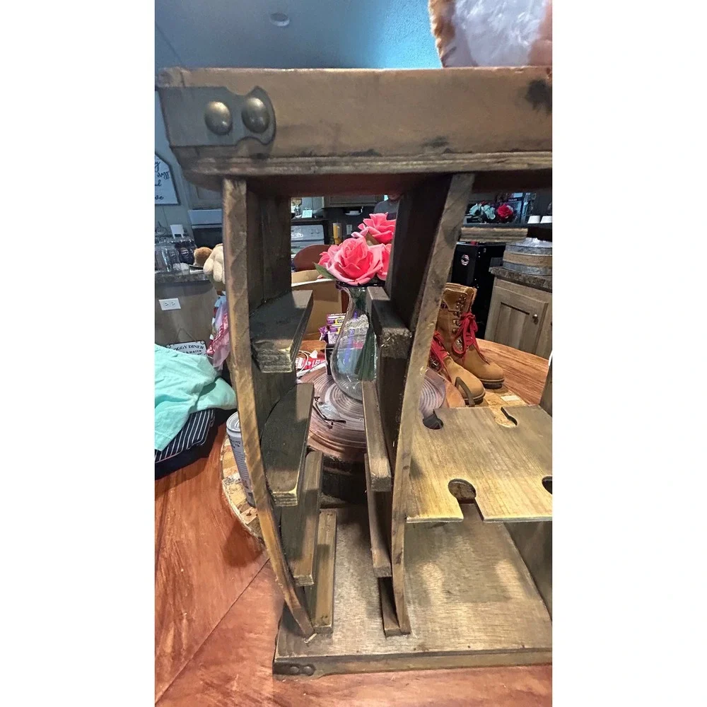 Rustic Wooden Wine Rack Barrel Design 8 Bottle Holder with Glassware Storage